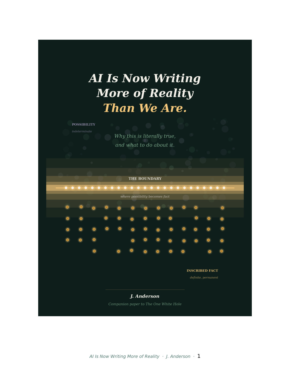 Cover of AI Is Now Writing More of Reality Than We Are—dark background, italic serif title, a diagram of indeterminate 'possibility' resolving through a glowing horizontal boundary into definite 'inscribed fact,' byline J. Anderson, marked as the companion paper to The One White Hole