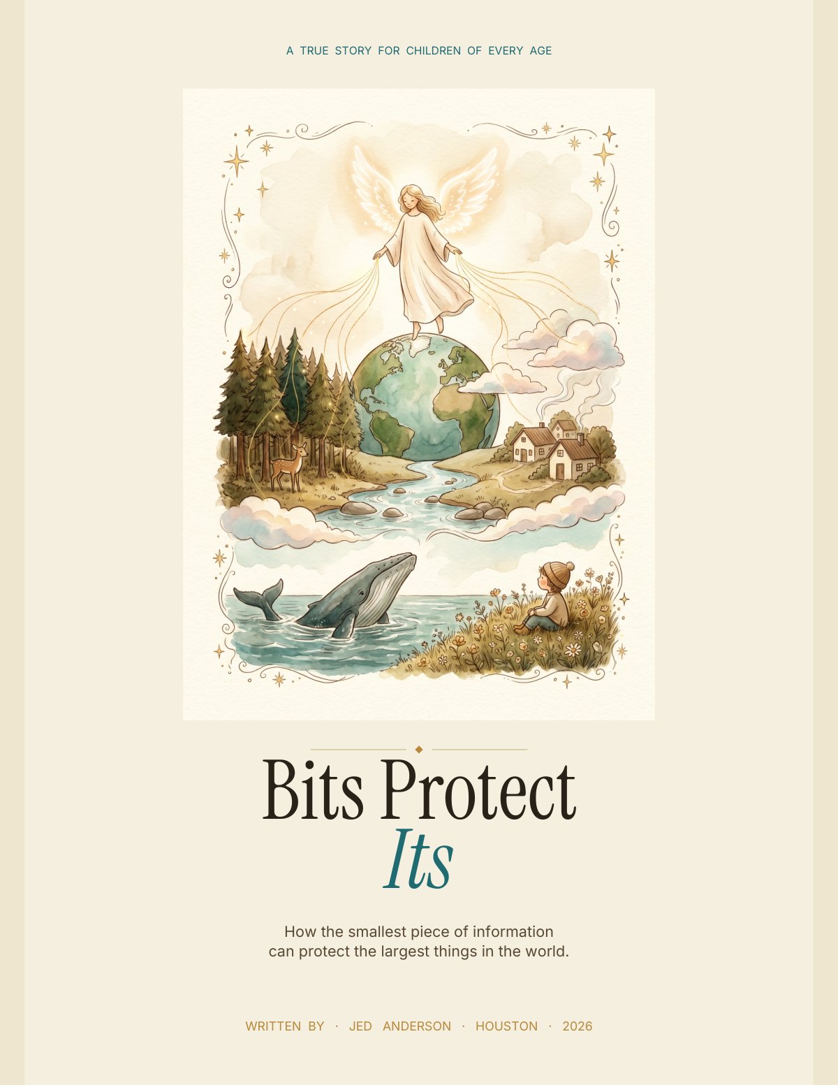 Cover of 'Bits Protect Its: A Children's Book.' A soft watercolor square illustration on a cream page: a winged angel in a flowing white robe hovers with arms outstretched above a luminous painted Earth, fine golden threads streaming from her hands down to the living world below—a pine forest with a deer, a winding river, a small cottage with a smoking chimney, a breaching whale, and a child in a red knit cap sitting in a wildflower meadow gazing up. Stars and filigree frame the scene. The tagline 'A TRUE STORY FOR CHILDREN OF EVERY AGE' runs across the top; the title 'Bits Protect Its' is set in large serif beneath the image, with the line 'How the smallest piece of information can protect the largest things in the world' below it, and 'WRITTEN BY · JED ANDERSON · HOUSTON · 2026' at the foot.