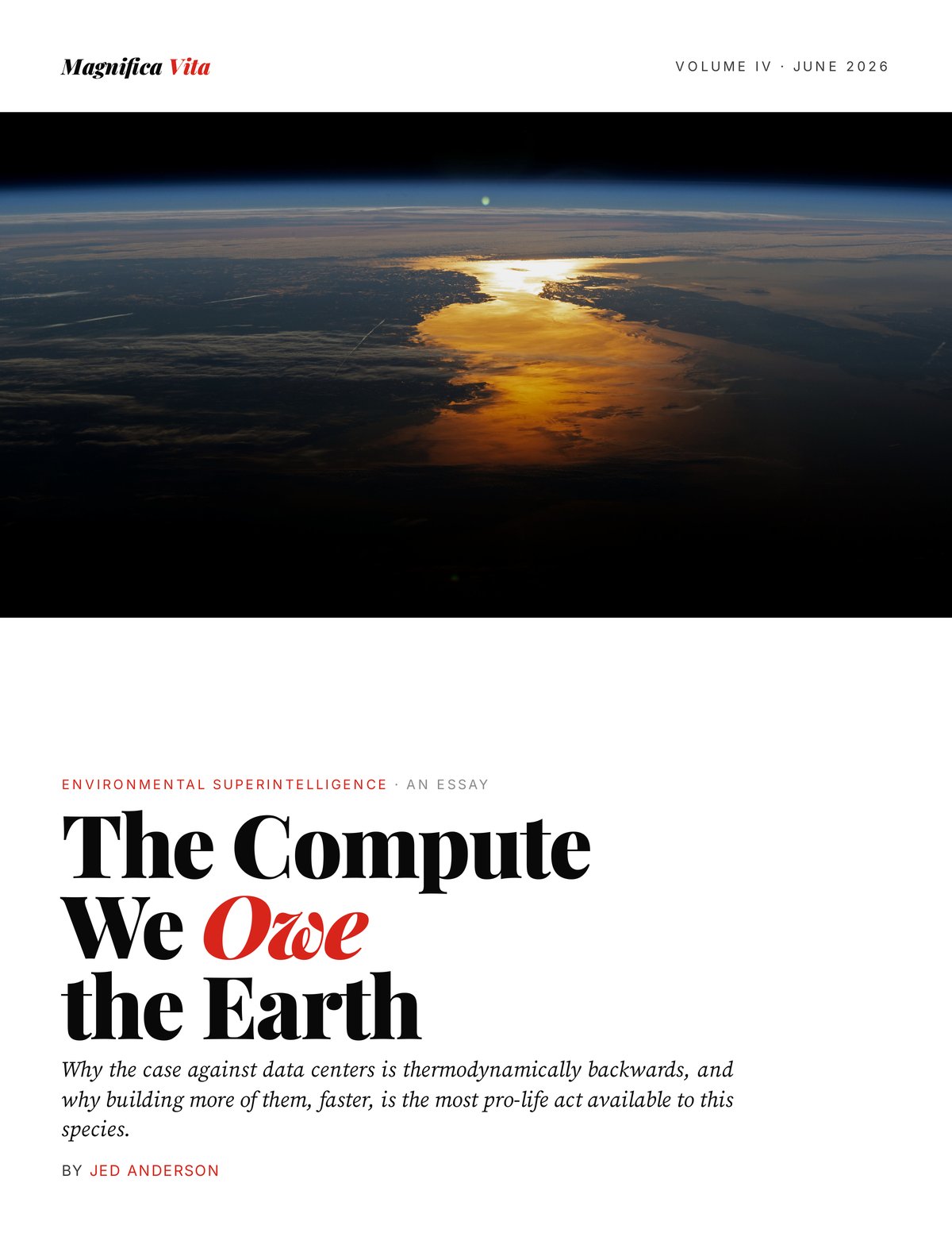 Cover of The Compute We Owe the Earth, Magnifica Vita Volume IV by Jed Anderson — sunlight glinting off a river seen from orbit, above the title set in Playfair Display.