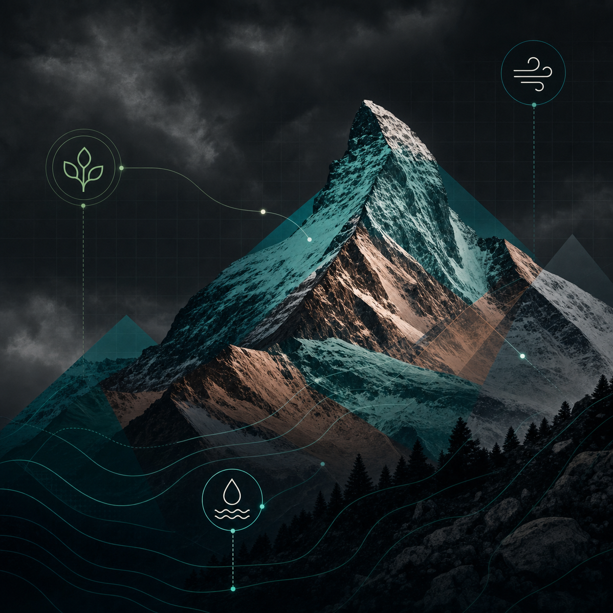 A snow-covered mountain peak under dark storm clouds, overlaid with a translucent data grid, contour lines, and sensor icons for air, water, and plant life—the physical environment rendered as an information layer.