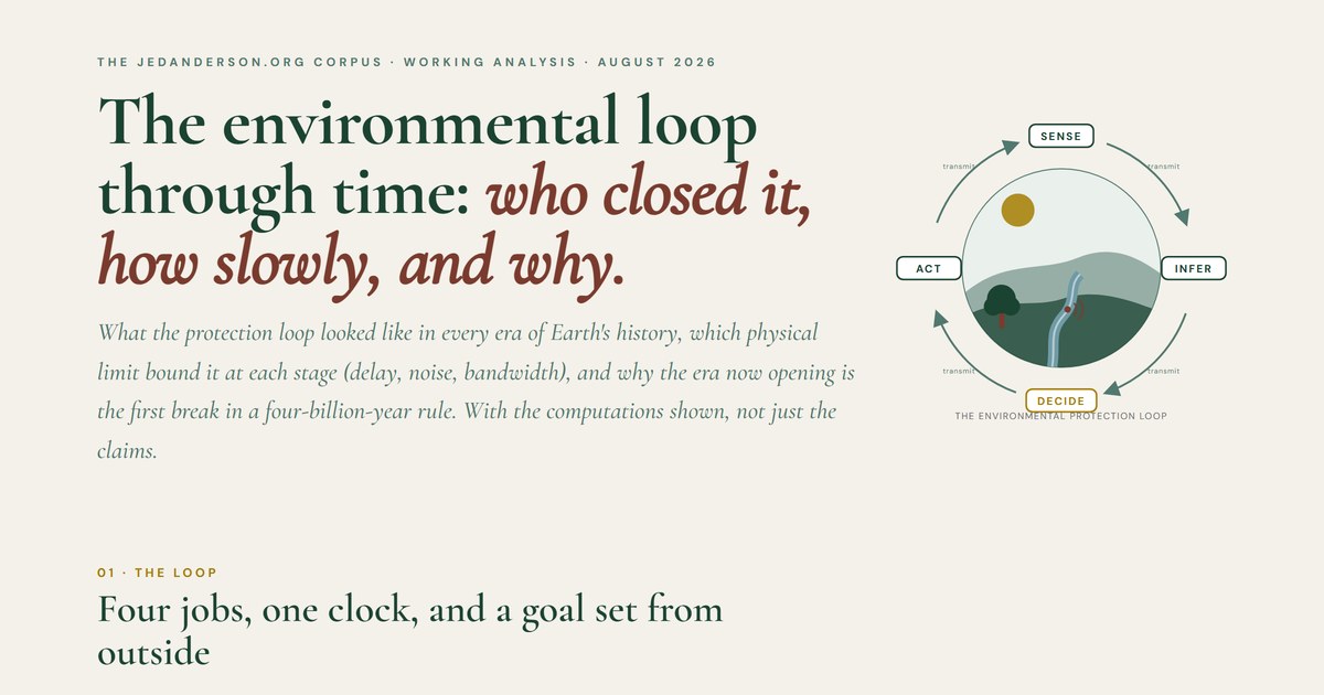 Title card for The Environmental Loop Through Time—cream field with the title in dark green and rust serif, beside a circular diagram of the four-stage protection loop: sense, infer, decide, act, with 'transmit' on each connecting arrow.