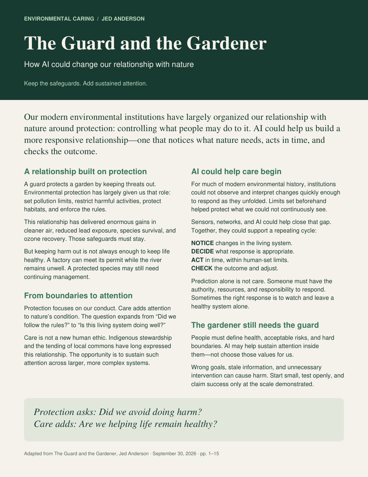 One-page handout. A dark green banner across the top carries the kicker 'Environmental caring / Jed Anderson,' the title The Guard and the Gardener in large white serif type, and the line 'How AI could change our relationship with nature.' Below, on a cream background, an introductory paragraph sits above two columns of short sections with green headings, and a pale green panel at the foot reads 'Protection asks: Did we avoid doing harm? Care adds: Are we helping life remain healthy?'