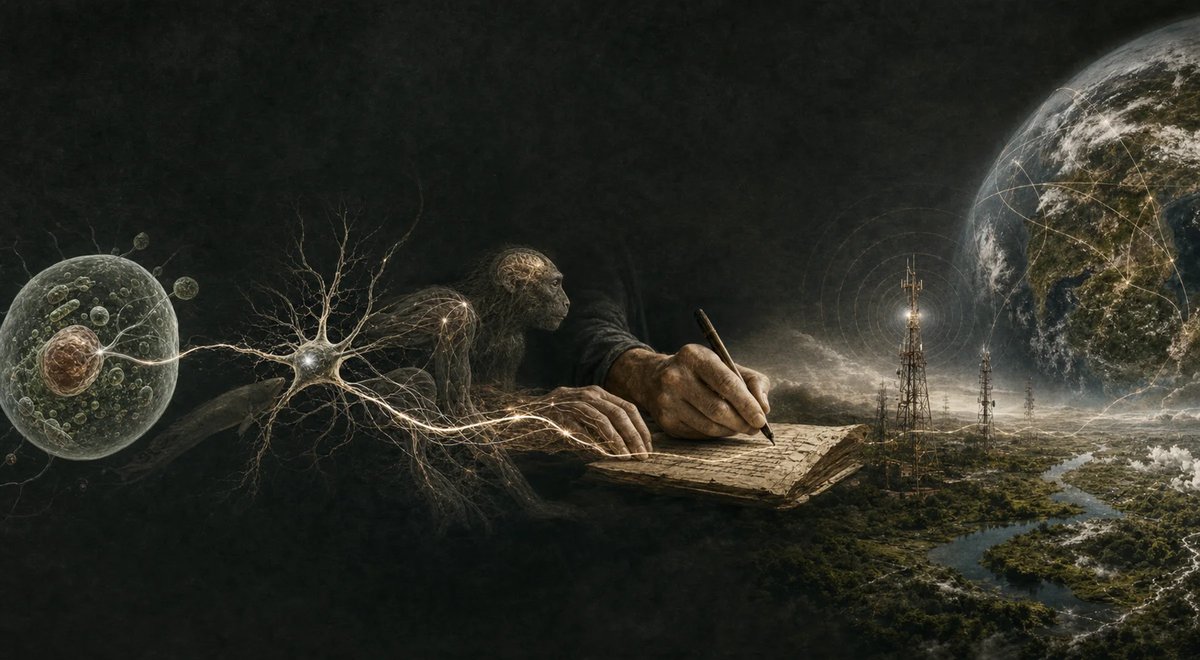 A continuous signal moves from a cell through a neuron, a human writer, communications infrastructure, and the living Earth.