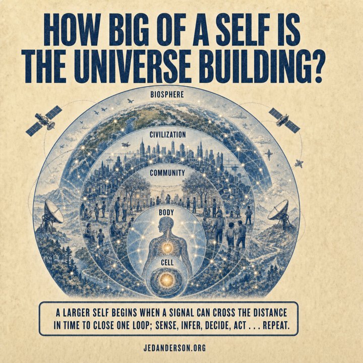 Engraved poster asking how big of a self the universe is building: five nested illustrated rings—a glowing cell inside a human body inside a community inside a civilization inside the biosphere—with satellites and dish antennas tracing the outermost ring, above the law itself.