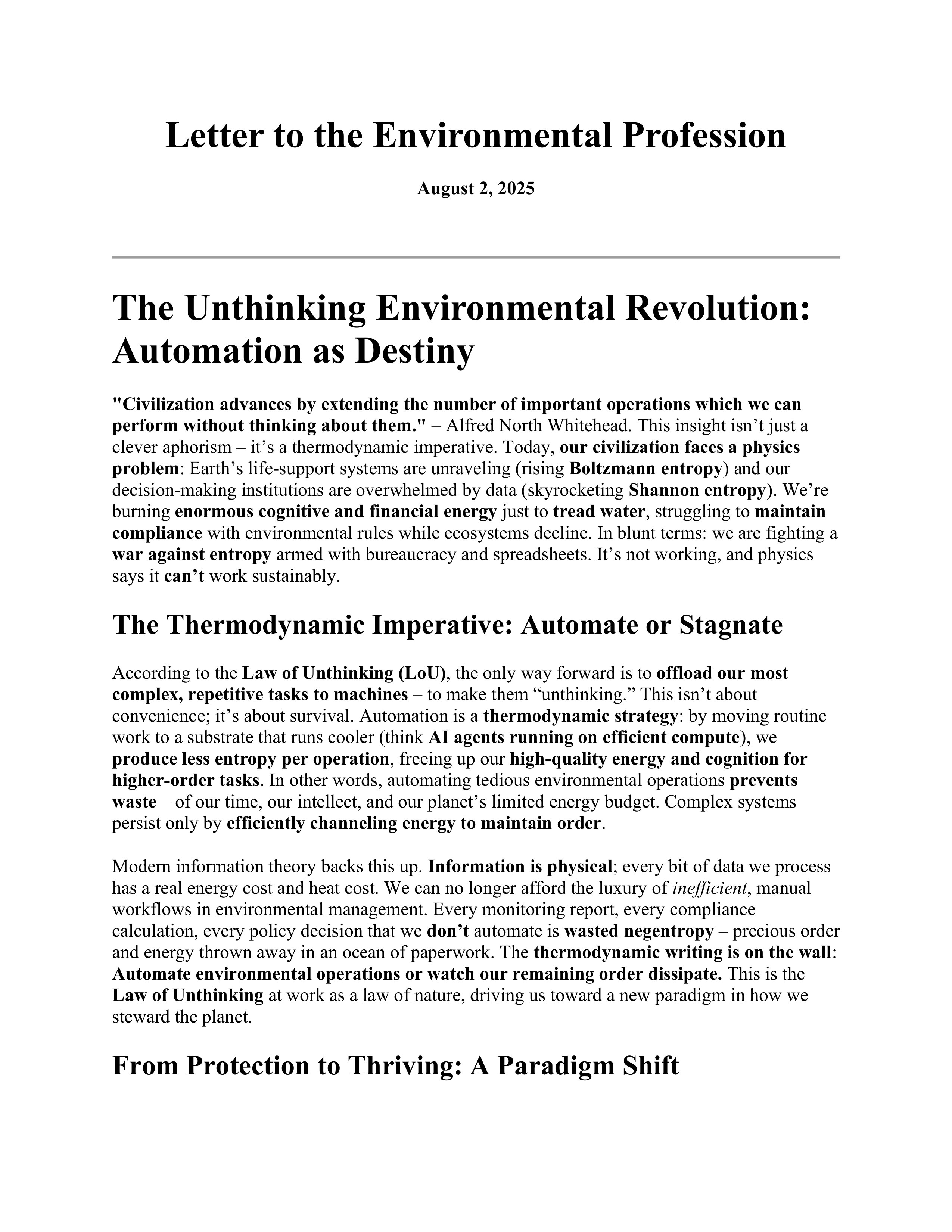 Cover page of Letter to the Environmental Profession: The Unthinking Environmental Revolution — Automation as Destiny