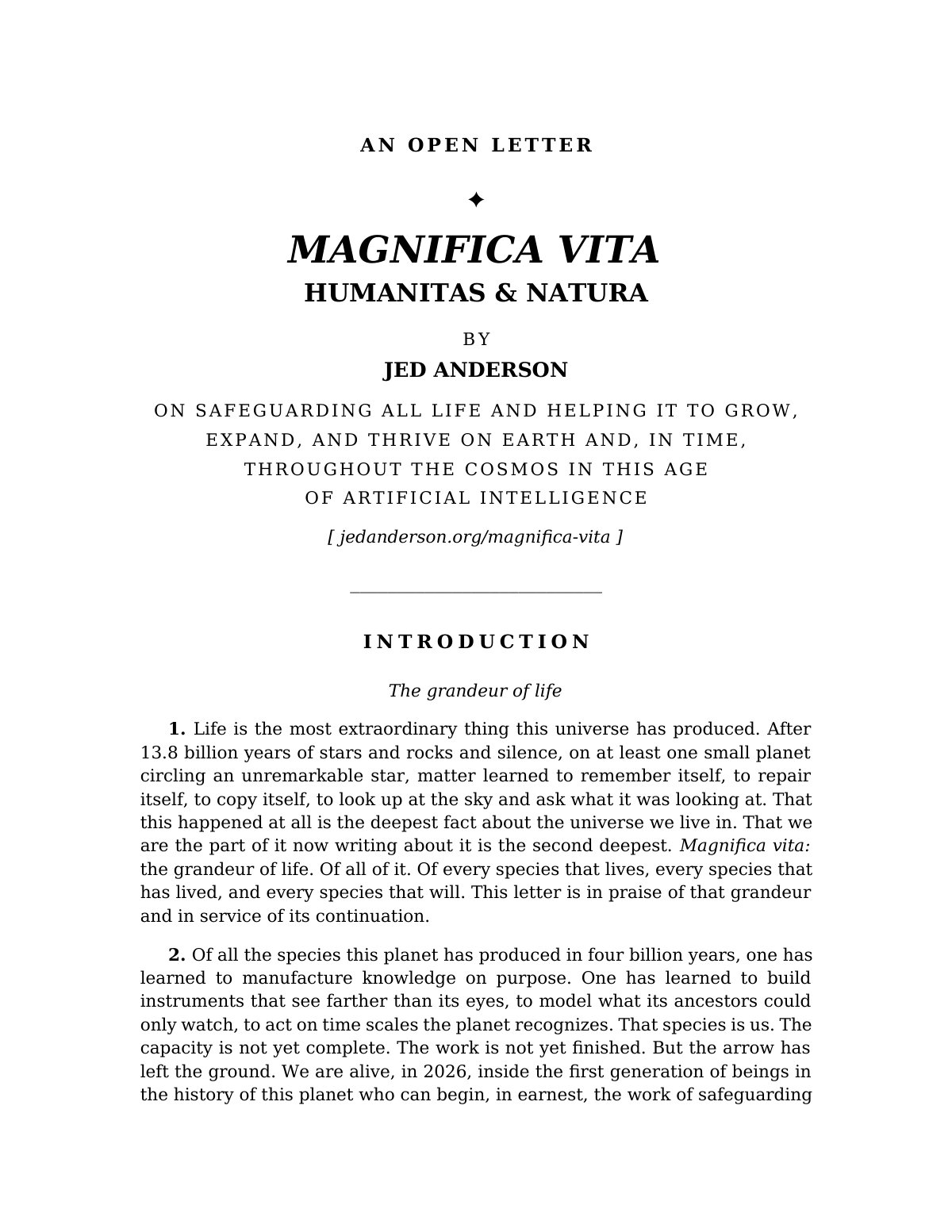 Cover page of Magnifica Vita: Humanitas & Natura — an open letter by Jed Anderson on safeguarding all life in the age of artificial intelligence.