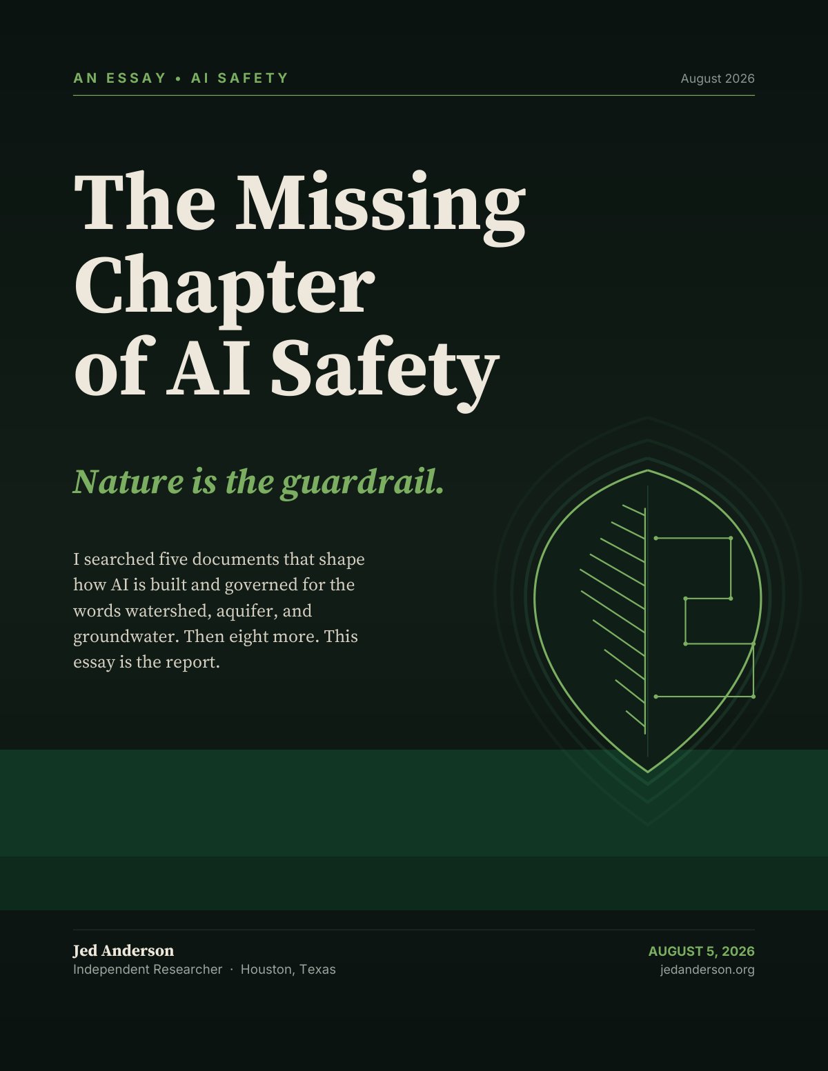 Dark green title card reading The Missing Chapter of AI Safety, with the line Nature is the guardrail beneath it. At right, a line-drawn shield split down the middle—a leaf on one half, a circuit trace on the other. Footer: Jed Anderson, Independent Researcher, Houston, Texas, August 5, 2026.