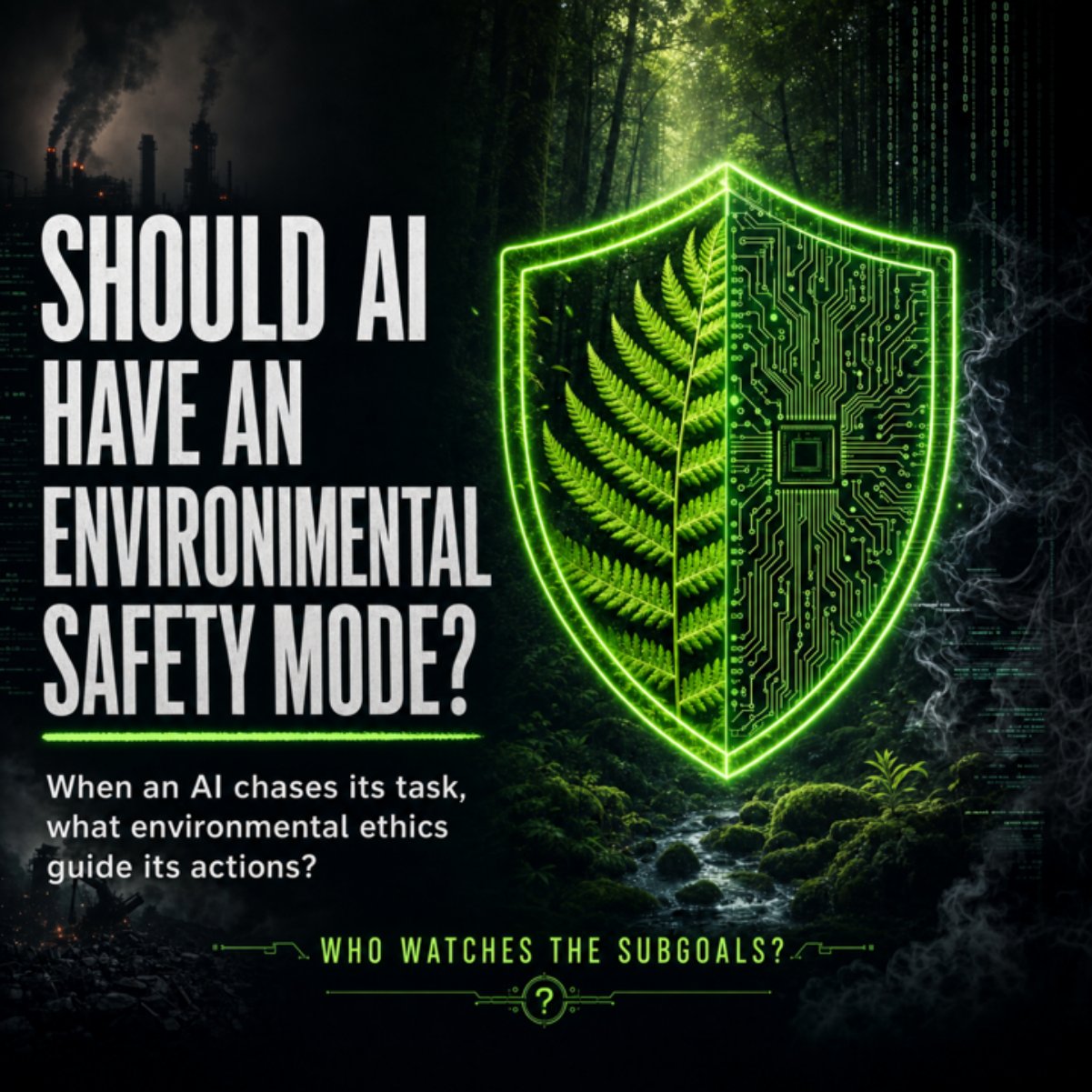 Title card on a dark forest background. Large cream capitals read: Should AI have an environmental safety mode? Beneath, smaller text: When an AI chases its task, what environmental ethics guide its actions? At right, a glowing green shield split down the middle—a fern frond on one half, a printed circuit board on the other—above a stream, with a smokestack skyline at far left. A footer line reads: Who watches the subgoals?