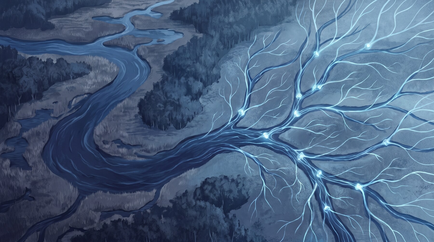 A river seen from above, its far bank dissolving into the branching, glowing dendrites of a nerve cell: the watershed and the nervous system drawn as one continuous structure.