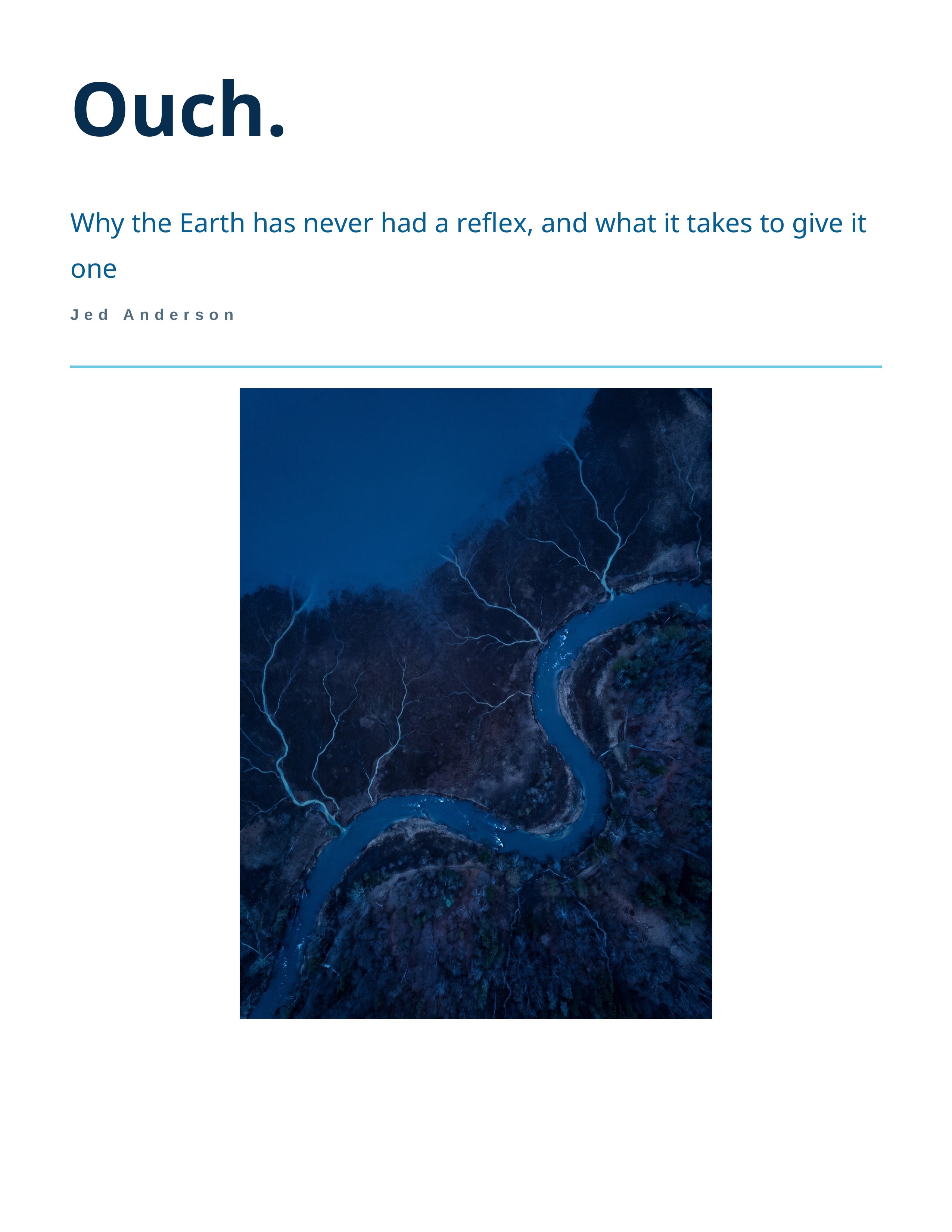 Cover of the essay “Ouch.”—an aerial view at dusk of a river winding through dark forest, its tributaries branching across the land like the dendrites of a nerve cell.