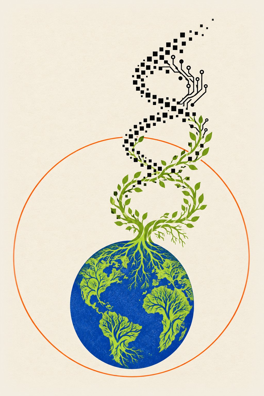 Illustration on a cream paper background: a blue Earth with continents drawn as green branching trees sits at the bottom of a thin orange circle. From the top of the globe two green vines twist upward into a double helix that, as it rises, breaks apart into black pixel squares and circuit-board traces trailing off toward the upper right.