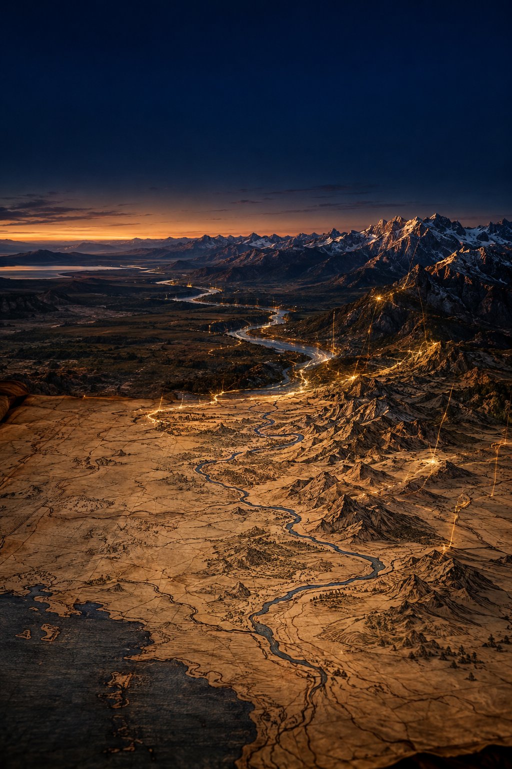 Aerial view at dusk of a landscape that turns into an old parchment map toward the foreground: a river winds from snow-capped mountains and a glowing horizon down across terrain that becomes inked, hand-drawn relief, with thin threads of gold light tracing points across the land.