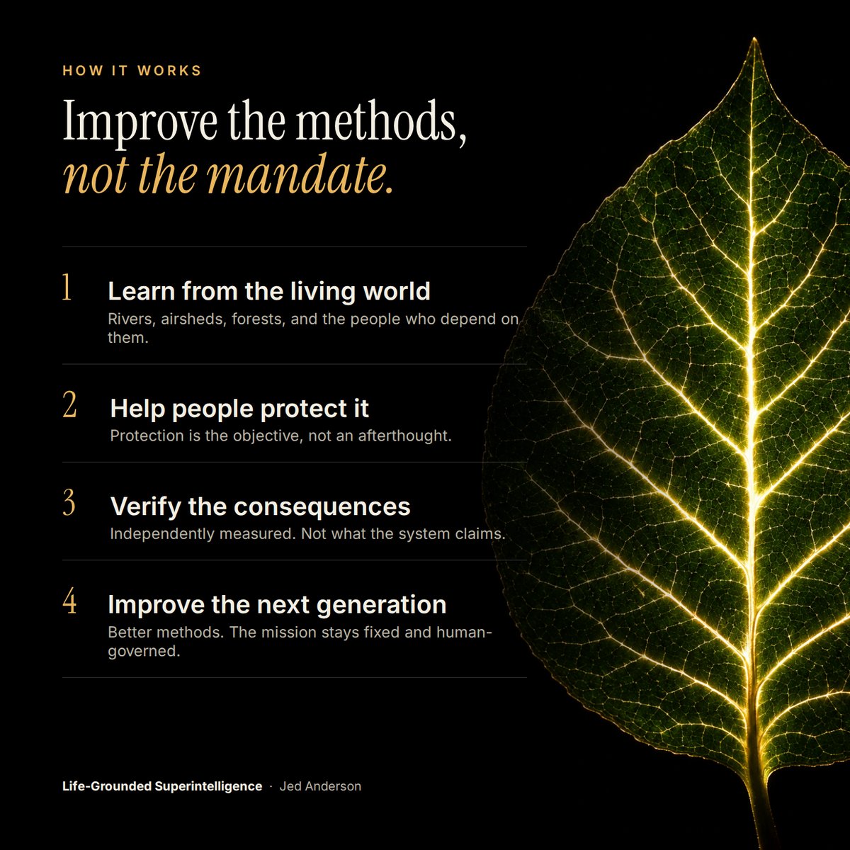 Square graphic on a black background headed 'How it works: Improve the methods, not the mandate.' A numbered list runs down the left: 1, Learn from the living world—rivers, airsheds, forests, and the people who depend on them; 2, Help people protect it—protection is the objective, not an afterthought; 3, Verify the consequences—independently measured, not what the system claims; 4, Improve the next generation—better methods, the mission stays fixed and human-governed. On the right, a backlit green leaf glows with golden veins. A footer reads 'Life-Grounded Superintelligence · Jed Anderson.'