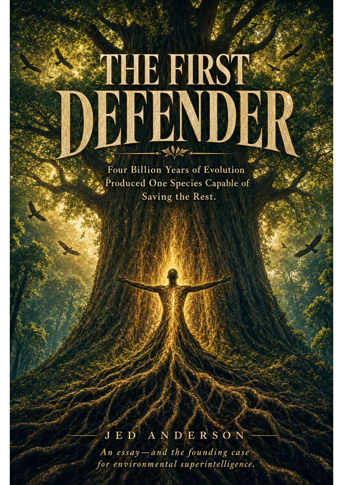 A luminous human figure with arms outstretched, body merged into the trunk of a massive ancient tree. Golden light radiates from the trunk and through the canopy above, where birds are in flight.