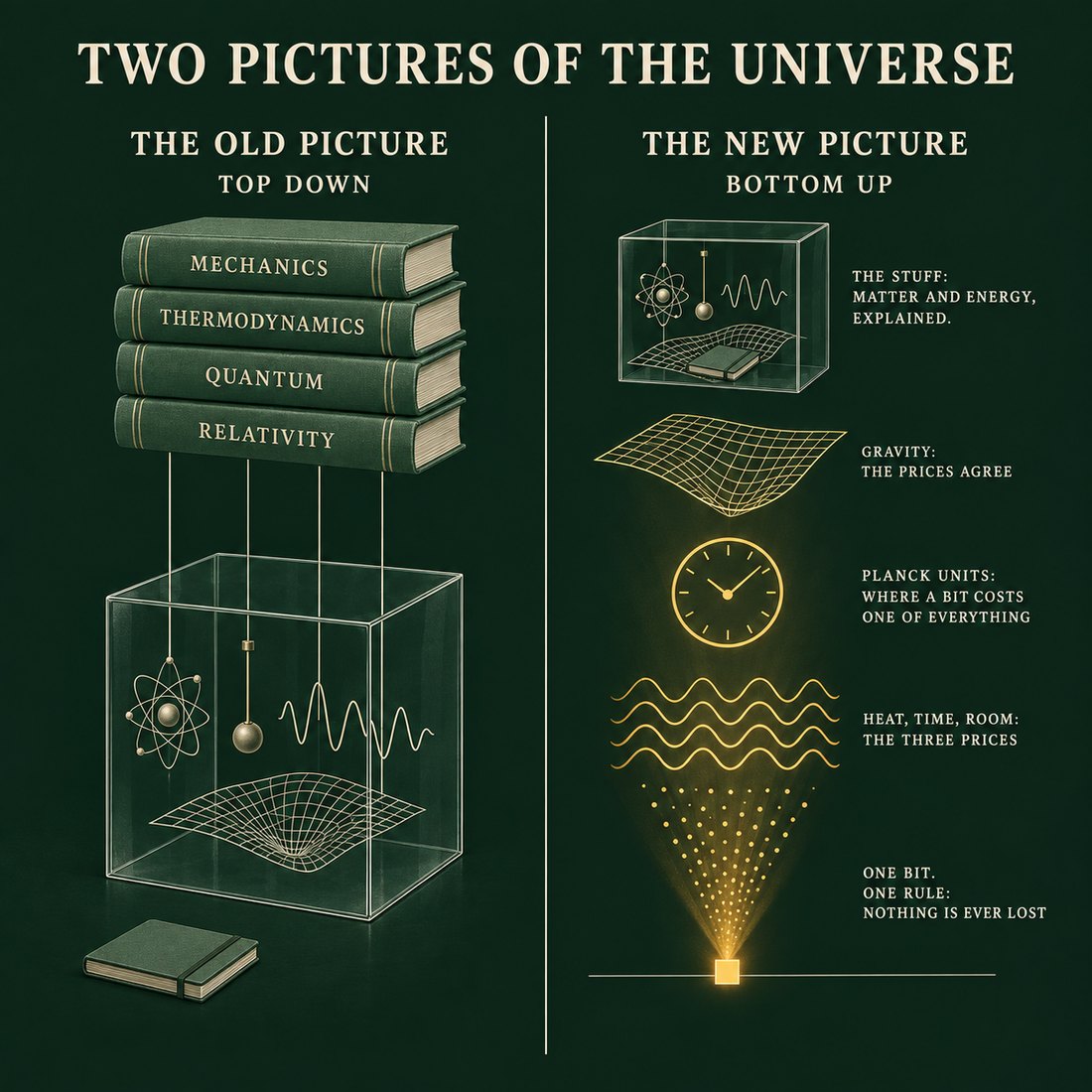 Square illustration on a dark green ground, titled Two Pictures of the Universe and split down the middle. Left, The Old Picture, Top Down: four stacked green books labelled Mechanics, Thermodynamics, Quantum and Relativity hang strings into a glass box holding an atom, a pendulum, a wave and a curved spacetime grid, with a closed notebook lying outside the box. Right, The New Picture, Bottom Up: a glowing gold point at the base, labelled one bit, one rule, nothing is ever lost, rises through wavy lines for heat, time and room, the three prices; a clock for Planck units, where a bit costs one of everything; a curved grid for gravity, the prices agree; and at the top the same glass box of matter and energy, now with the notebook inside.