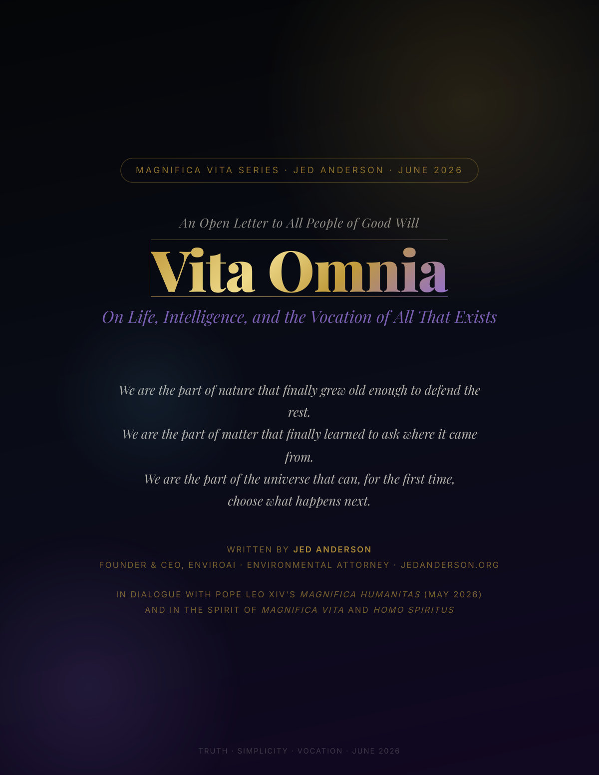 Cover of Vita Omnia: On Life, Intelligence, and the Vocation of All That Exists—an open letter by Jed Anderson, part of the Magnifica Vita series, June 2026.