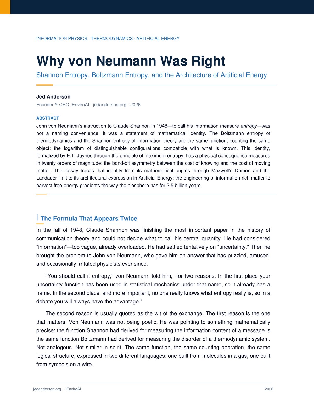 Cover of Why von Neumann Was Right: Shannon Entropy, Boltzmann Entropy, and the Architecture of Artificial Energy, by Jed Anderson, 2026.