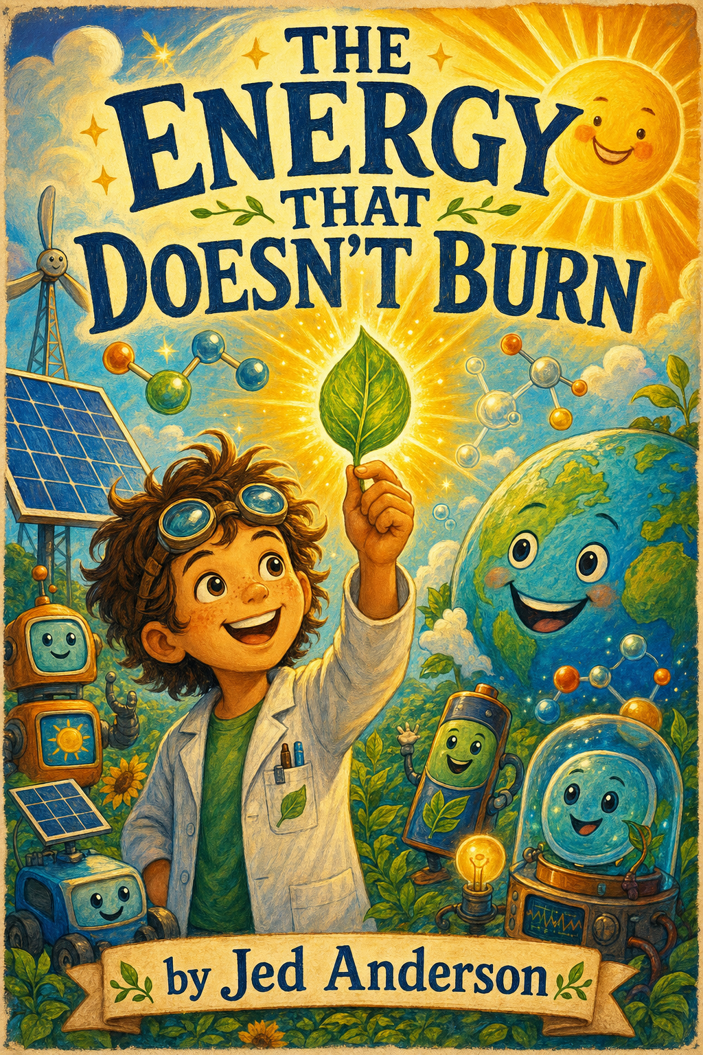 Cover: a child in a lab coat holds a glowing green leaf