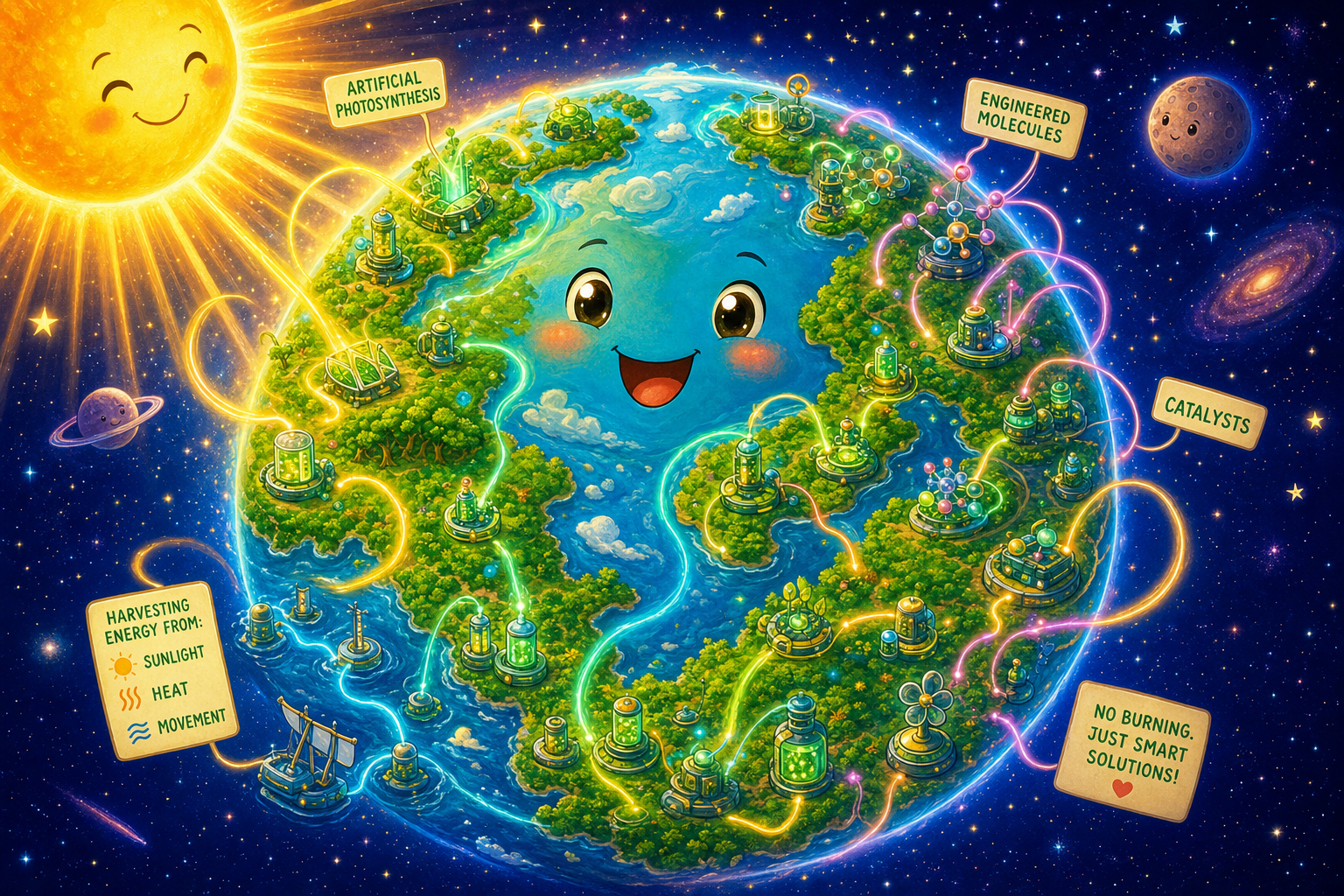 A smiling Earth covered in glowing green energy-harvesting machines, powered by the sun