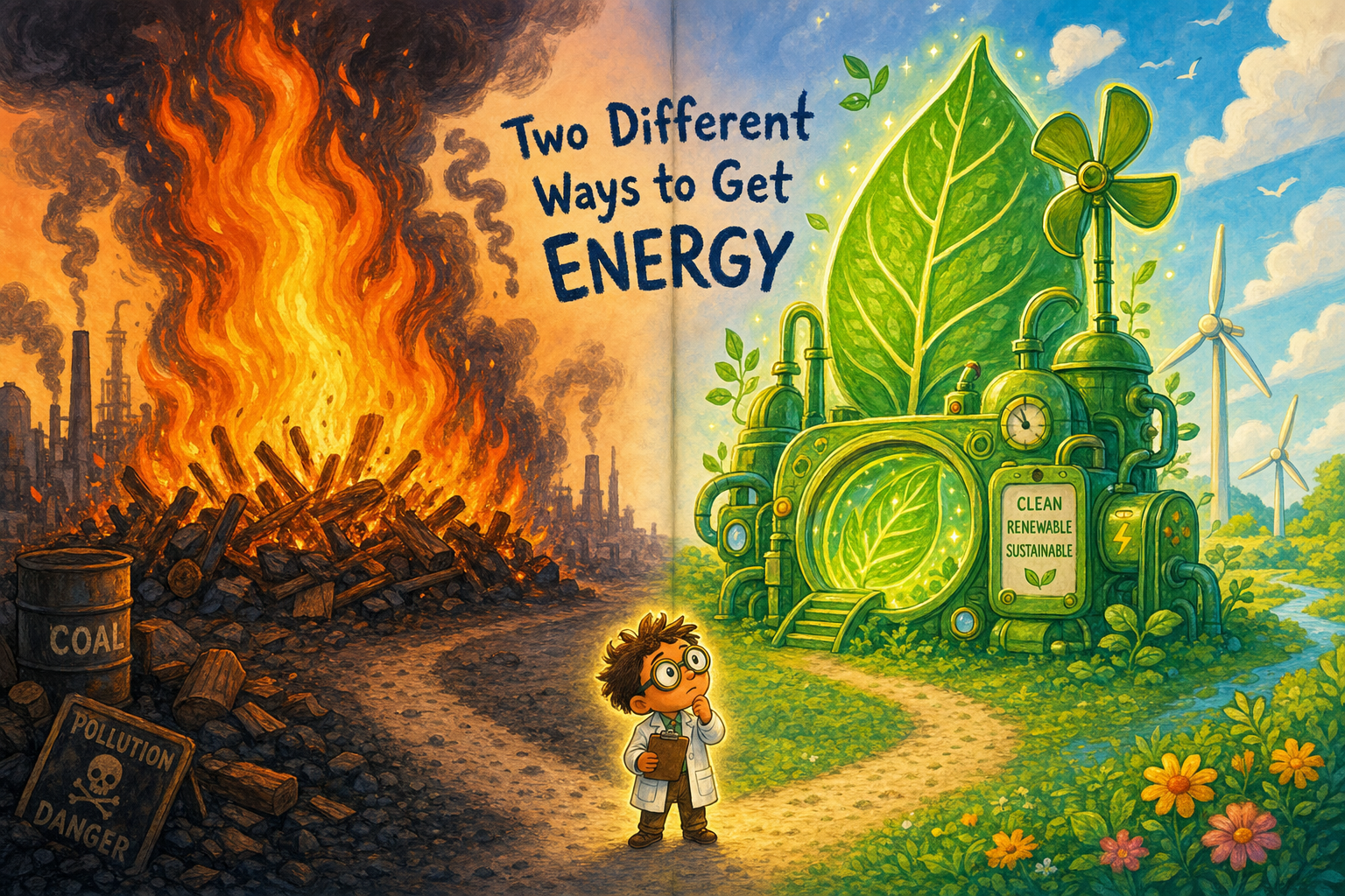 A scientist looking at a bonfire on one side and a glowing leaf machine on the other
