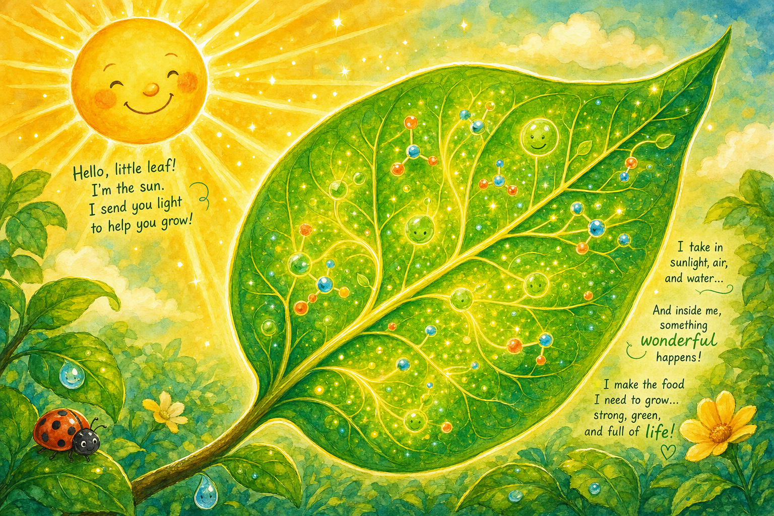 A glowing green leaf with molecular sparkles inside, harvesting sunlight