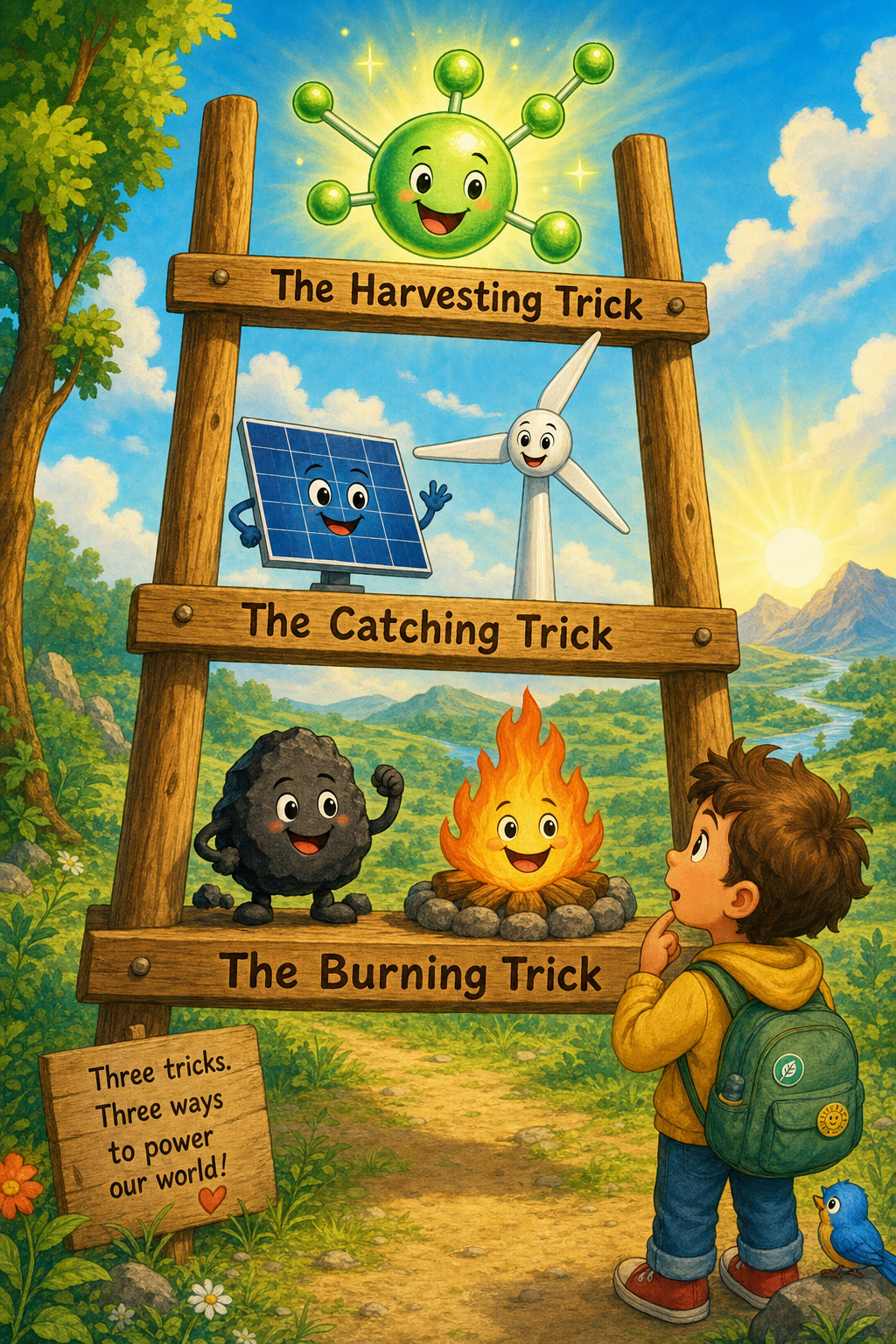 A cheerful three-rung wooden ladder: smiling coal and campfire on the bottom rung, happy solar panel and wind turbine on the middle rung, glowing molecule on the top rung, with a curious child looking up