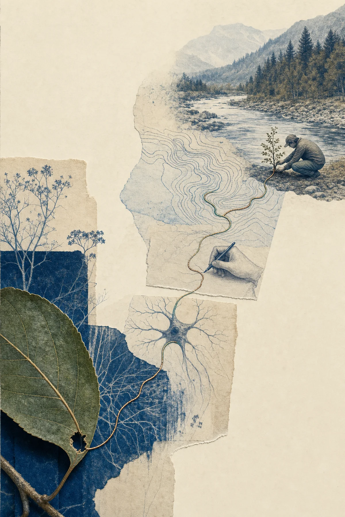 A copper-green thread carries a signal from a wounded leaf through a neuron and written record toward restoration beside a river.