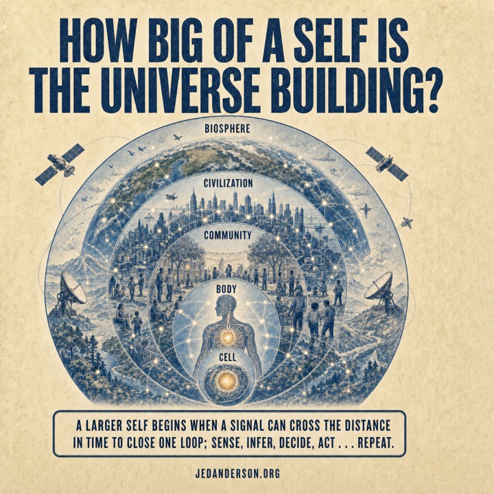 Engraved poster: How big of a self is the universe building? Five nested illustrated rings—a glowing cell inside a human body inside a community inside a civilization inside the biosphere—with satellites and dish antennas tracing the outermost ring, above the law: a larger self begins when a signal can cross the distance in time to close one loop; sense, infer, decide, act … repeat.