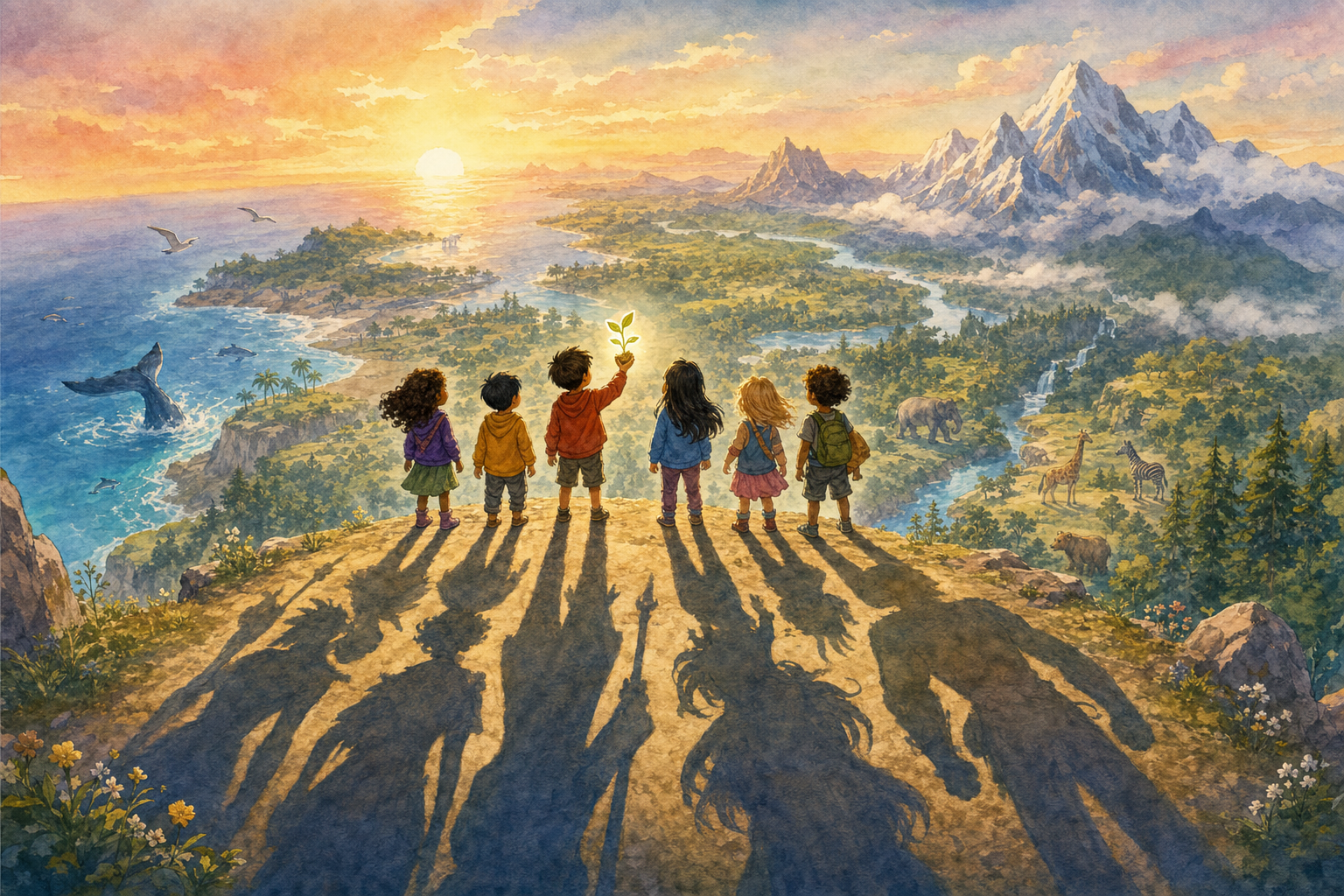 Diverse children standing at the edge of the world as giant guardian shadows, one holds a glowing seedling