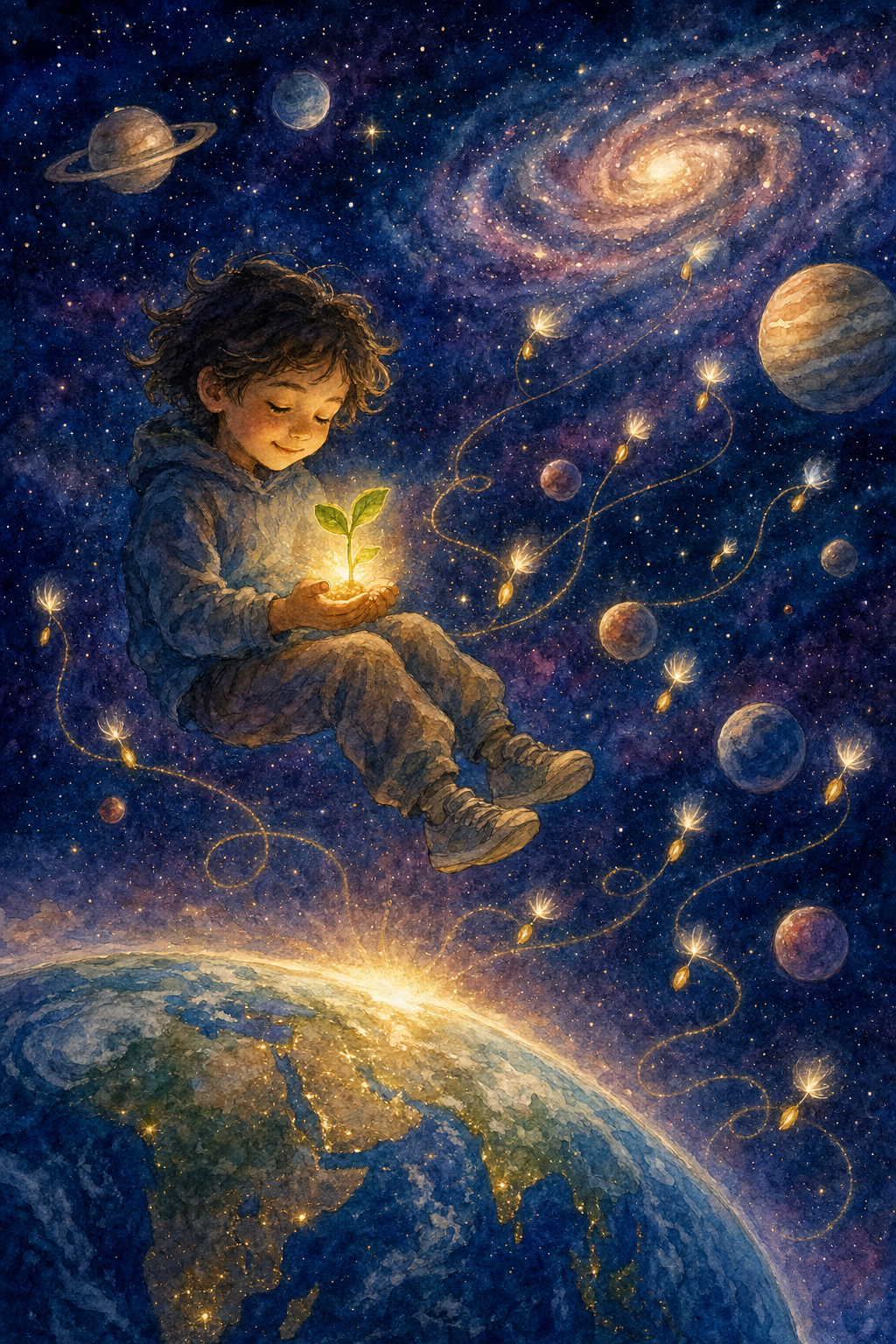 A child floats in space cradling a glowing seedling with seeds of light spiraling toward distant stars