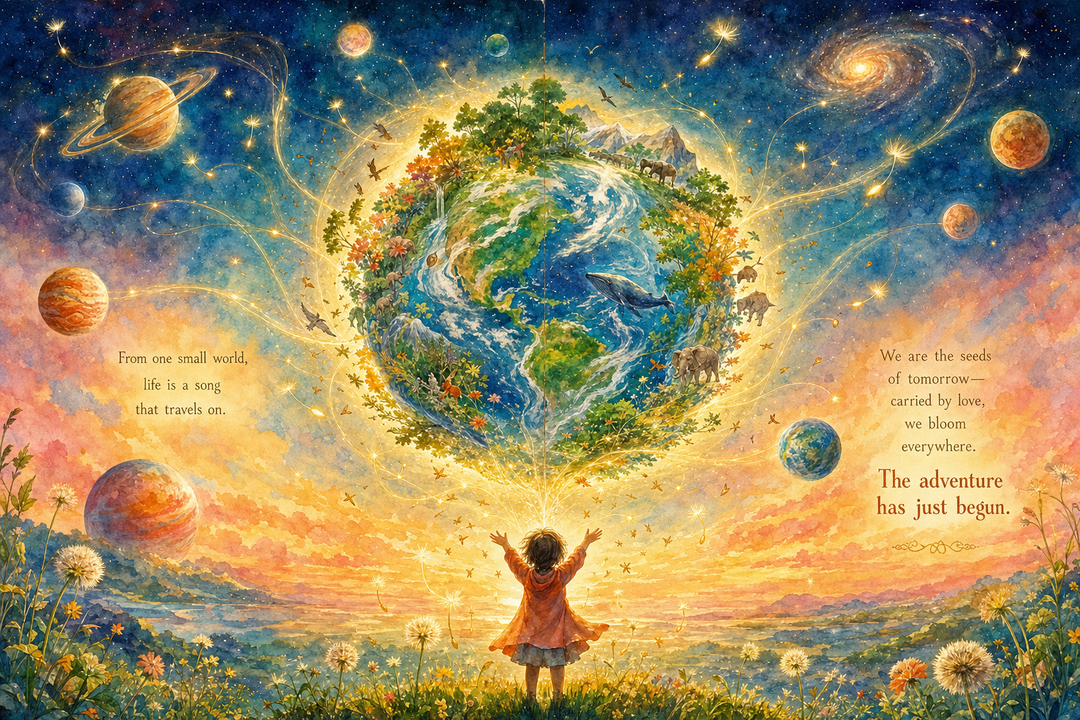 A child releases seeds of golden light toward the stars while Earth glows warmly below