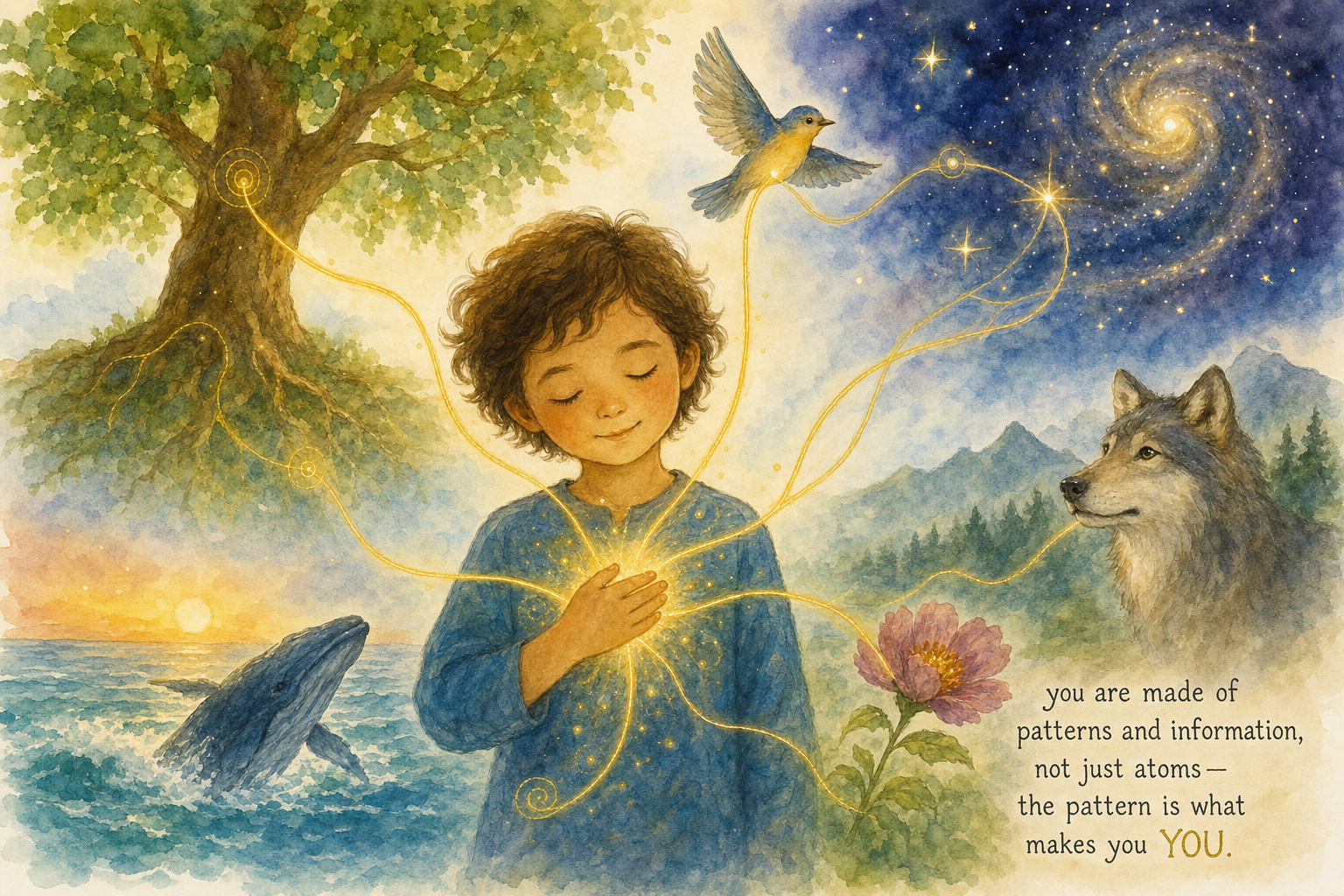 A child connected by golden threads of light to trees, birds, ocean waves, and distant stars