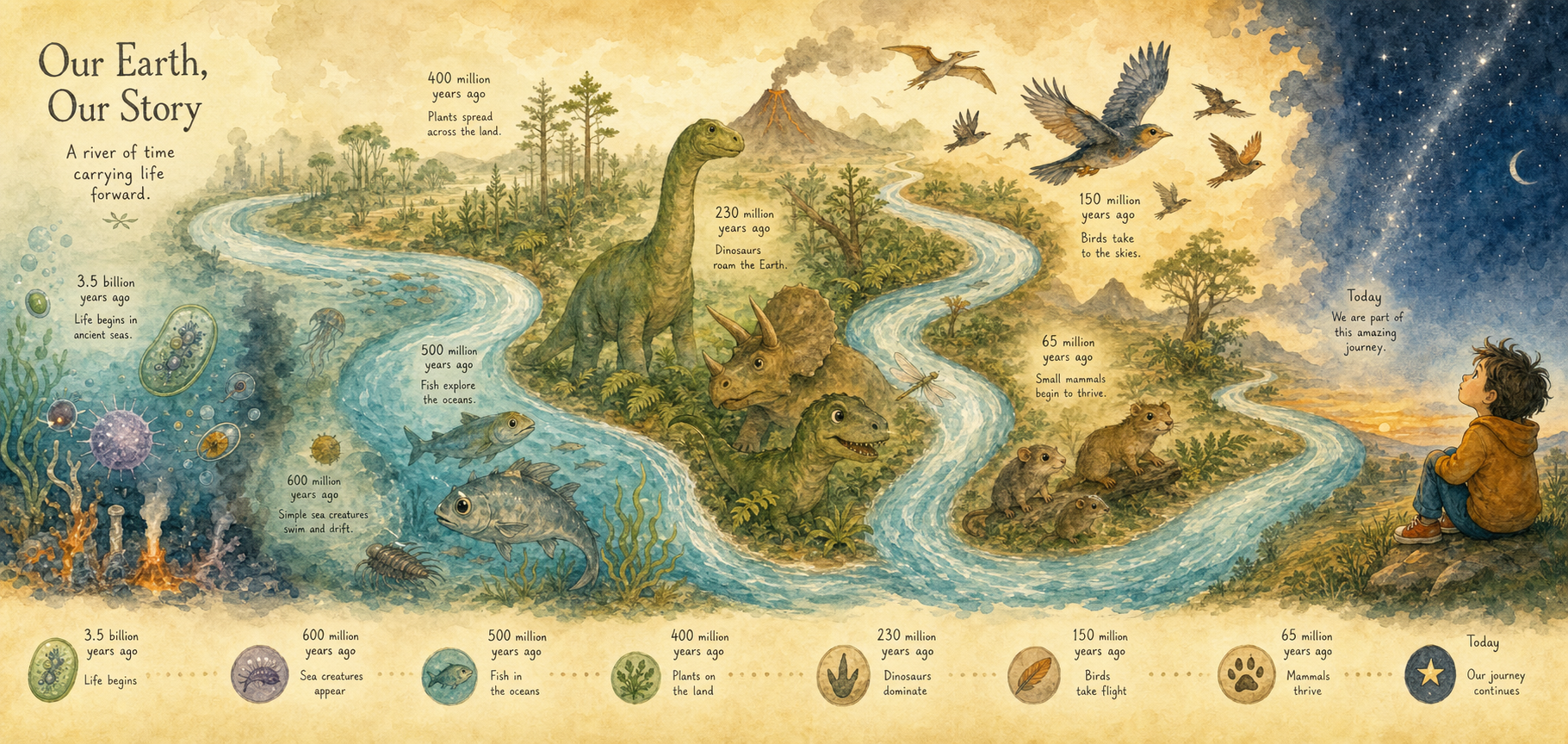 A winding timeline of life from ancient seas to a child gazing at stars